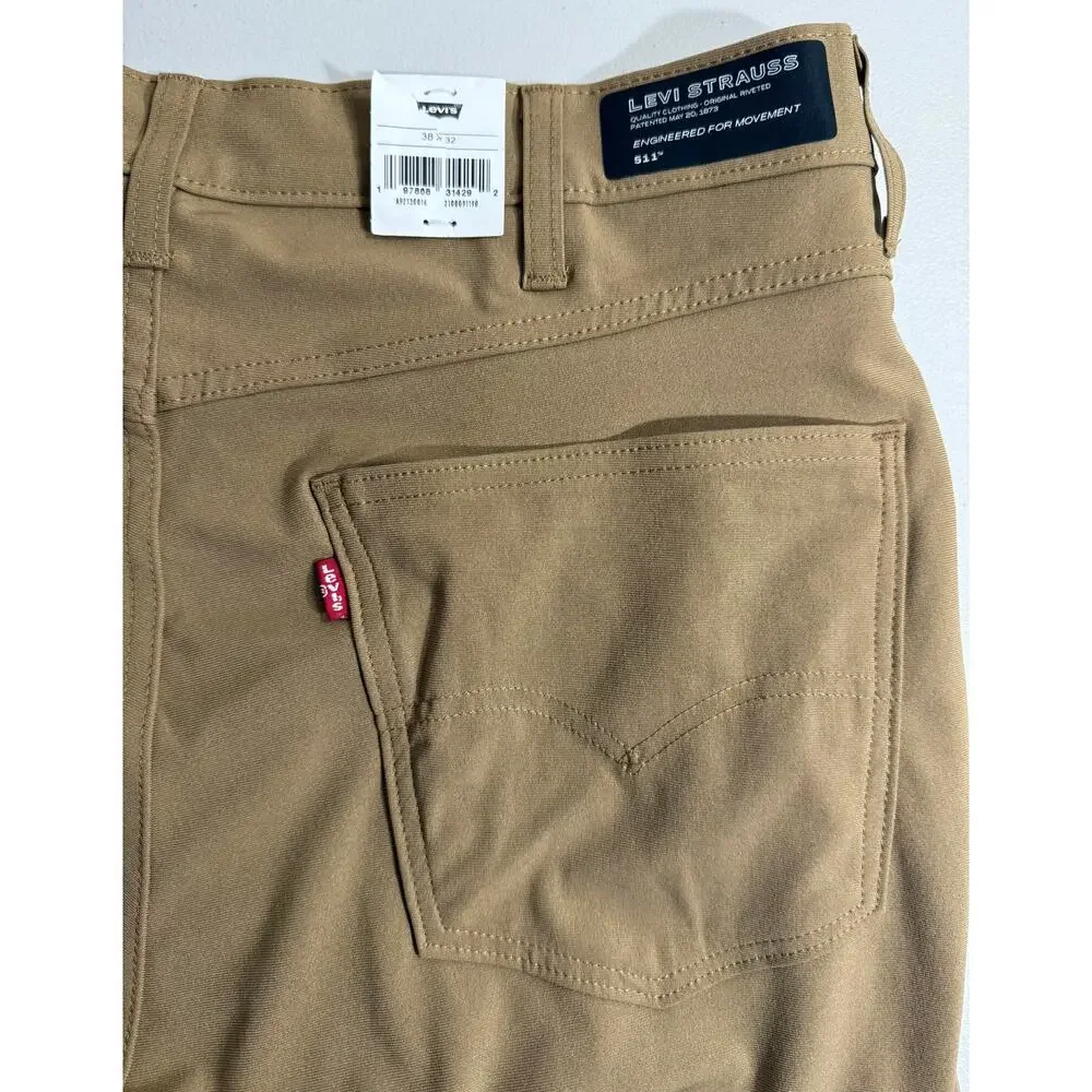 NWT Levi’s 511 Slim Tech Pants Mens 38x32 Brown Walnut High Stretch Performance